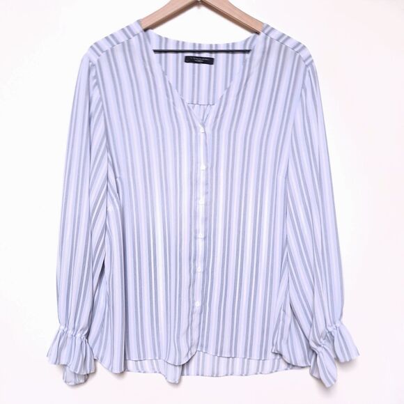 Tahari Women Plus 1x Top Blue & White Striped Long Sleeve Blouse Button Down - Picture 1 of 8